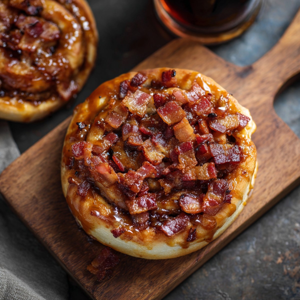 Maple bacon donut topped with crispy bacon bits and maple glaze on a wooden board, with coffee in the background