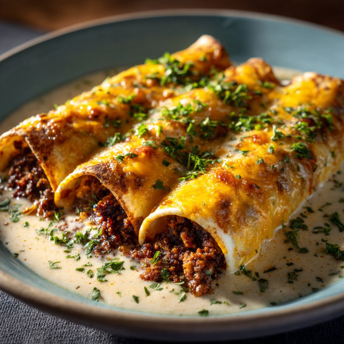 Beef enchiladas filled with seasoned ground beef, topped with melted cheddar cheese, creamy white sauce, and fresh parsley on a teal-rimmed plate