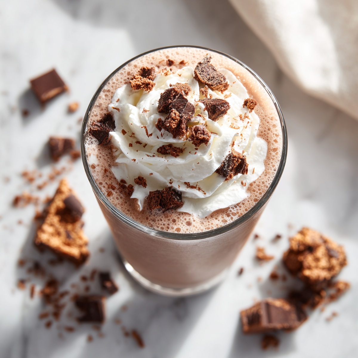 Frozen brownie milkshake in a clear glass with creamy chocolate beverage, topped with swirled whipped cream, brownie chunks, and cocoa powder, surrounded by chocolate pieces and cookie crumbs on a marble surface.