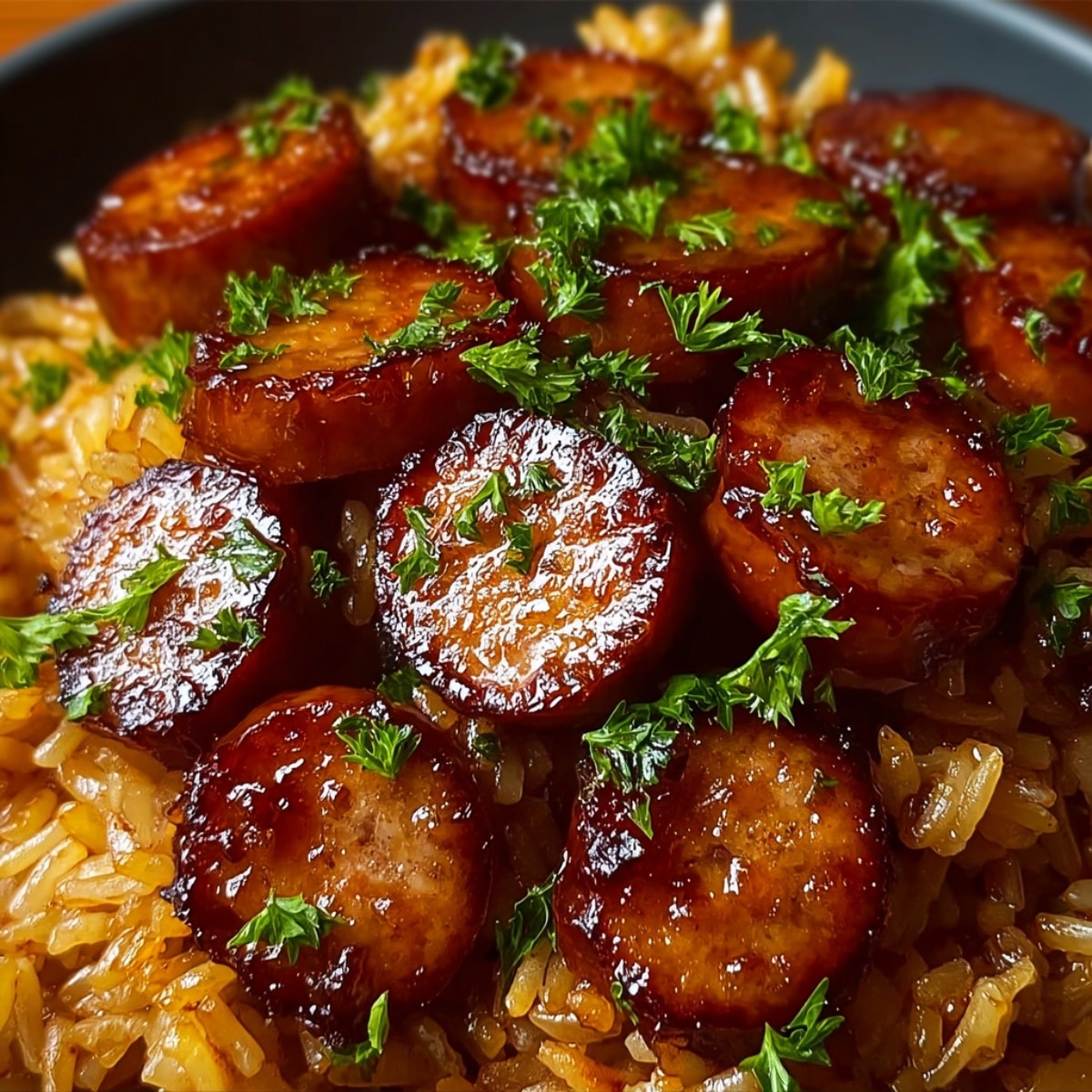 Easy Cajun honey garlic sausage rice with glazed sausage slices, fluffy seasoned rice, and fresh parsley in a dark bowl.