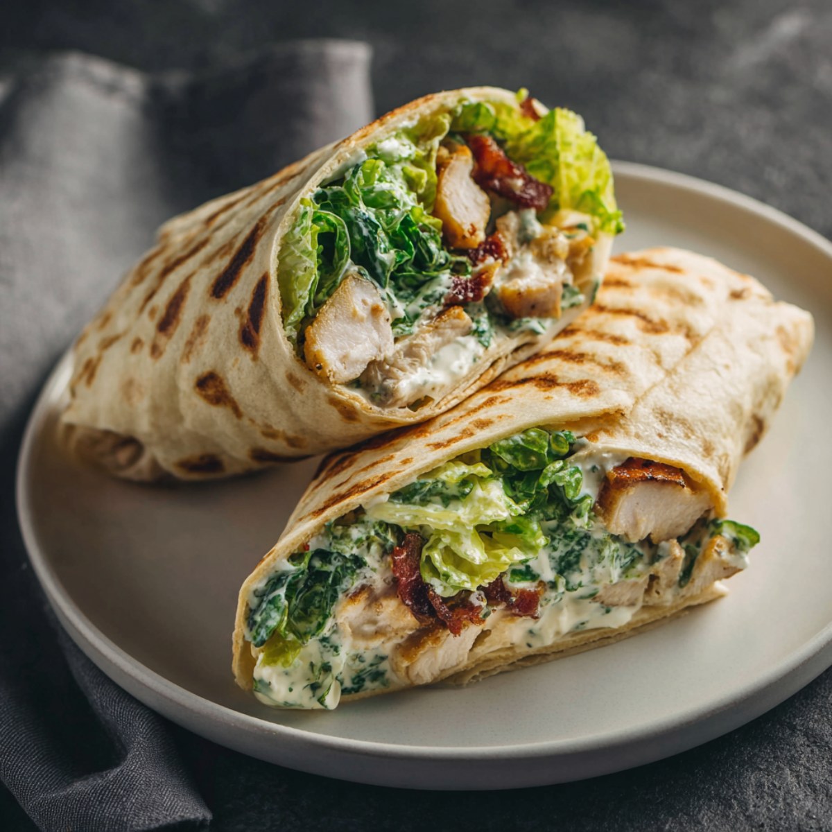 Chicken Caesar wrap made with grilled chicken, romaine lettuce, crispy bacon, and creamy Caesar dressing, sliced in half and served on a plate