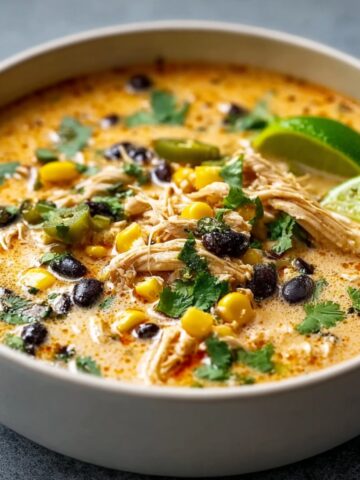 Creamy chicken poblano soup in a white bowl with golden broth, shredded chicken, black beans, corn, sliced poblano peppers, fresh cilantro, cream drizzle, and lime wedges on top.