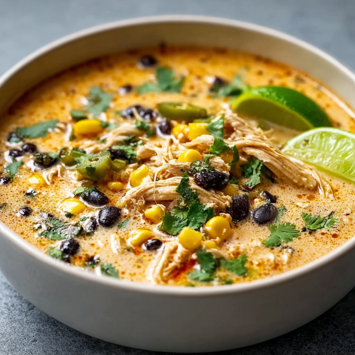Creamy chicken poblano soup in a white bowl with golden broth, shredded chicken, black beans, corn, sliced poblano peppers, fresh cilantro, cream drizzle, and lime wedges on top.
