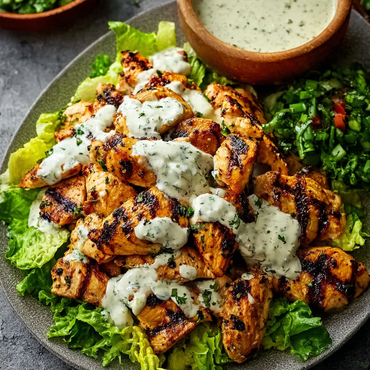 Easy chicken shawarma with grilled chicken pieces showing char marks, served on crisp lettuce leaves, drizzled with creamy garlic tahini sauce and garnished with fresh herbs, with a wooden bowl of extra sauce and chopped herbs in the background