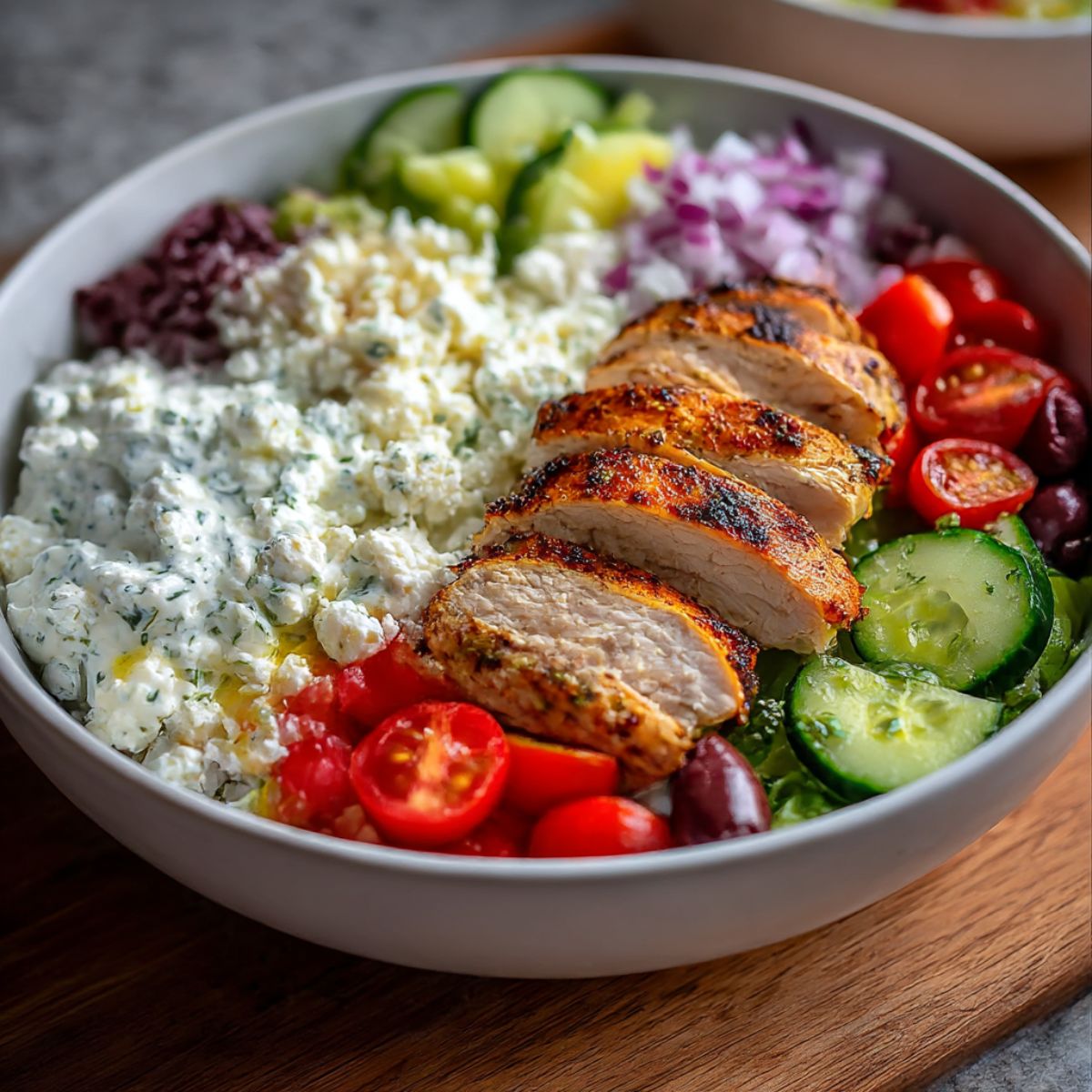 Chicken tzatziki bowl with sliced grilled chicken, creamy tzatziki sauce, cucumbers, cherry tomatoes, olives, red onion, and fresh herbs in a white bowl.