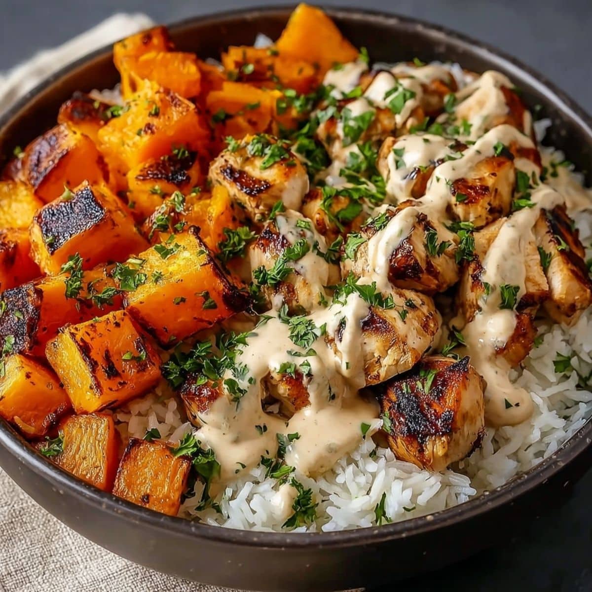 Chicken and sweet potato bowl with roasted chicken bites, caramelized sweet potatoes, fluffy rice, fresh herbs, and creamy sauce drizzle