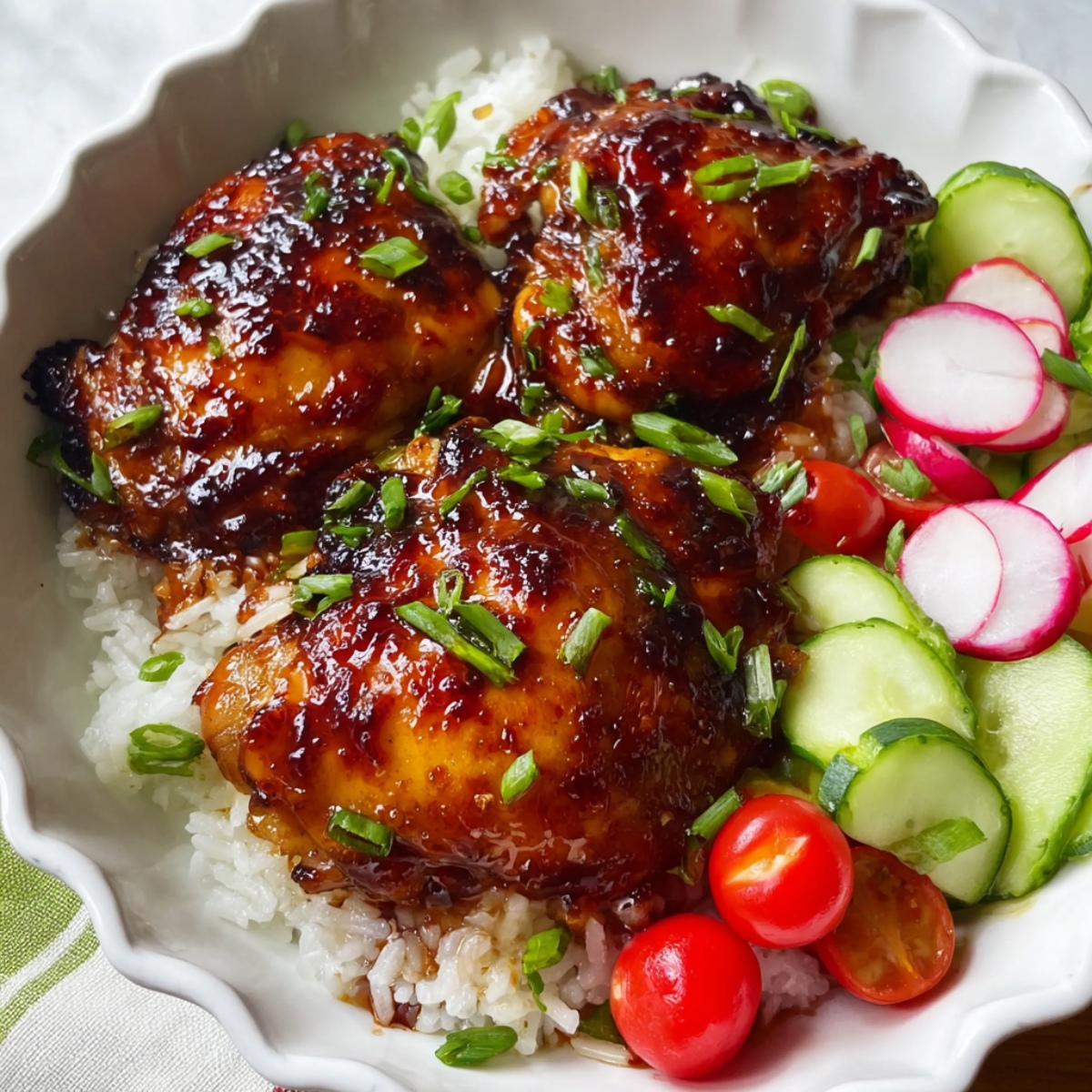 Easy chili chicken thighs with glossy sweet chili glaze, garnished with sliced green onions and sesame seeds, served over white rice in a white bowl with cucumber ribbons, radish slices, and halved cherry tomatoes