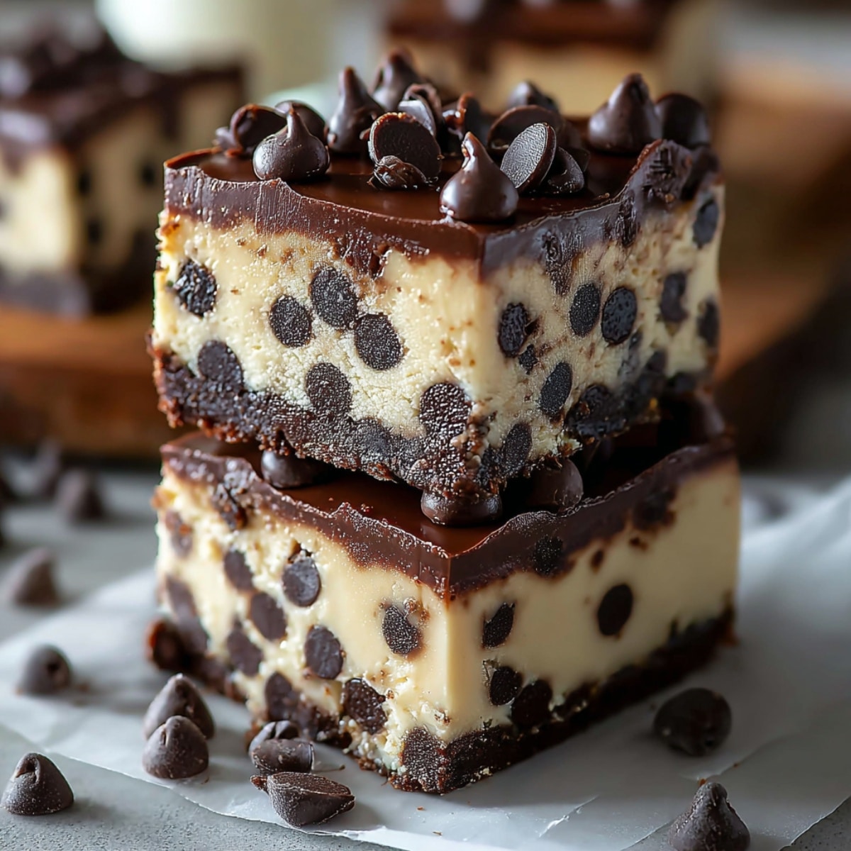 Easy chocolate chip cheesecake bars with a fudgy brownie crust, creamy vanilla cheesecake loaded with chocolate chips, and a smooth chocolate ganache topping.