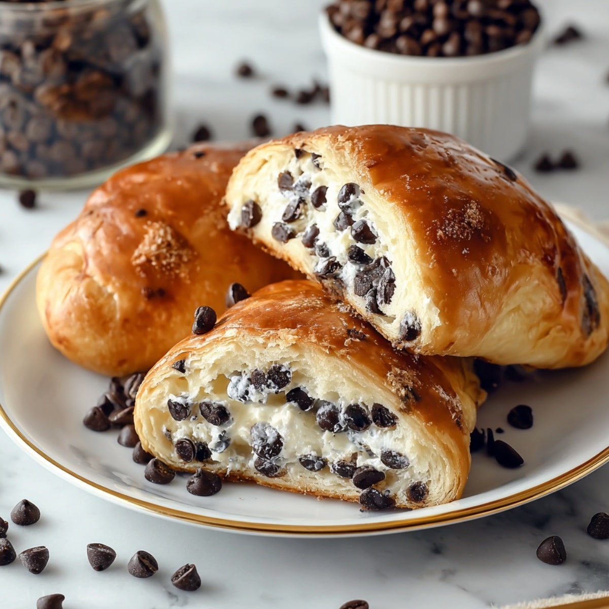 Chocolate chip vanilla custard brioche with flaky golden pastry, creamy vanilla custard filling, and rich chocolate chips, sliced open on a white plate for a bakery-style breakfast treat.