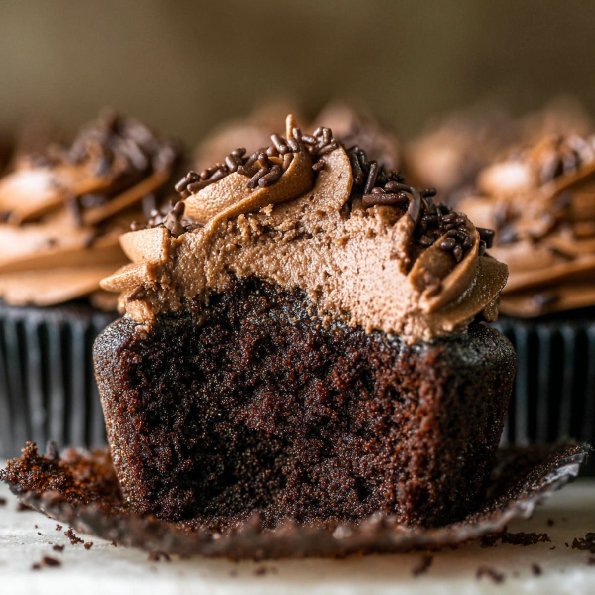 Moist chocolate cupcake with rich chocolate frosting and sprinkles, shown with a bite revealing the soft, fudgy interior.