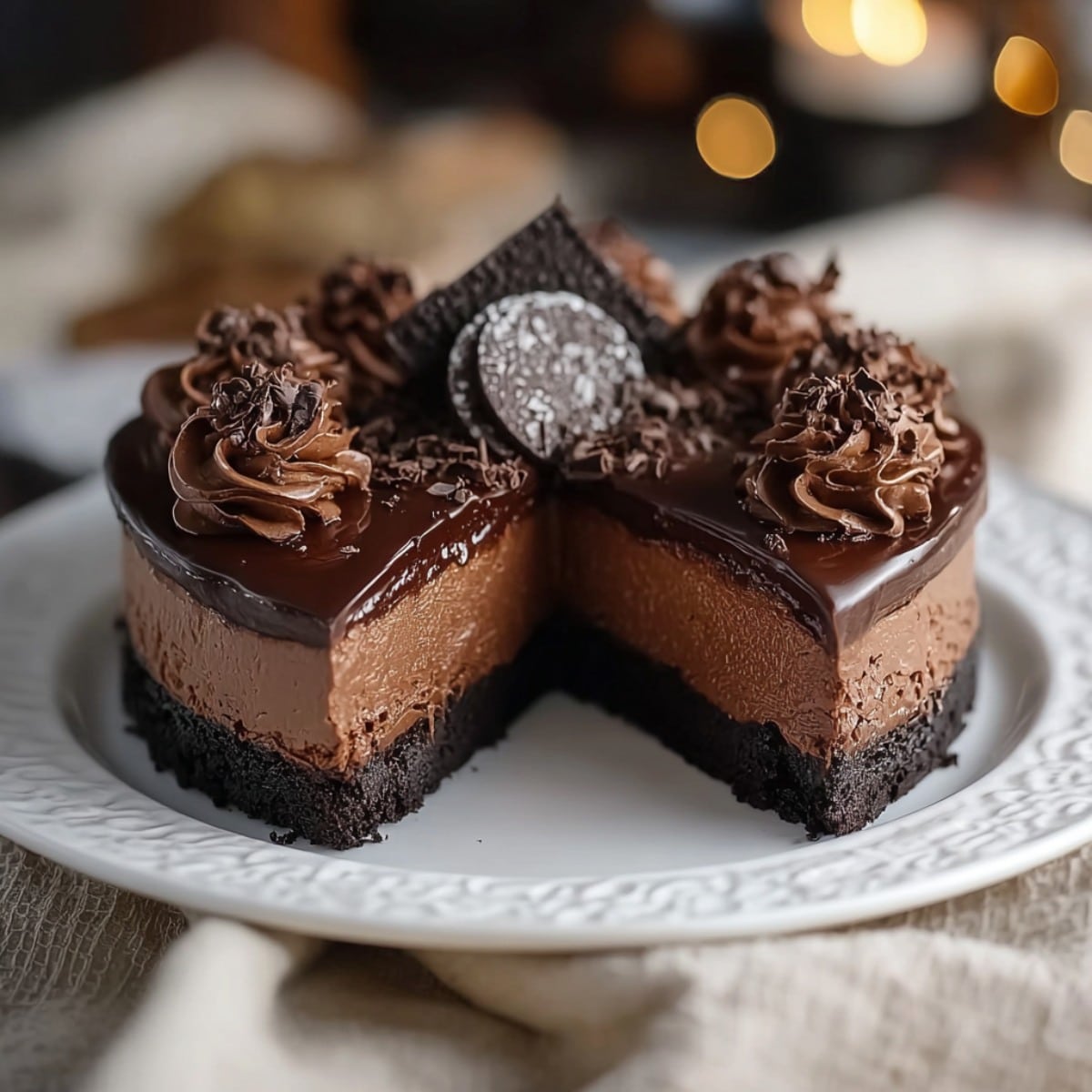 Chocolate fudge truffle cheesecake with a dark cookie crust, creamy chocolate cheesecake layer, glossy chocolate ganache topping, and chocolate truffle decorations on a white plate.