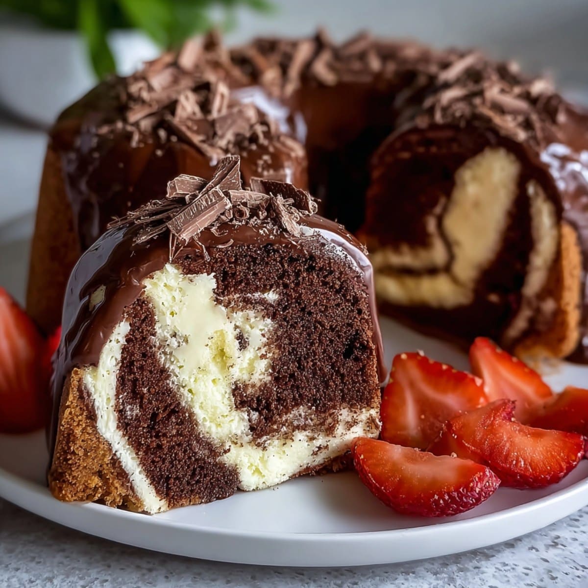 Easy chocolate swirl mousse bundt cake with creamy vanilla center and chocolate glaze