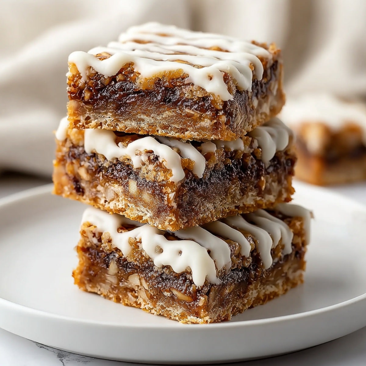 Cinnamon roll bliss bars stacked on a plate, made with chewy oat layers and a sweet cinnamon filling, finished with a drizzle of creamy white icing.