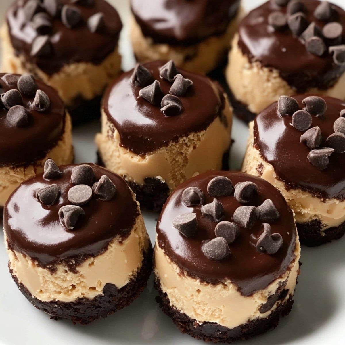 Chocolate chip cookie dough brownie bites with a fudgy brownie base, creamy cookie dough center, glossy chocolate topping, and mini chocolate chips on top.