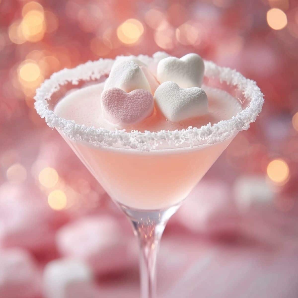 Pink cottontail martini with sugar-rimmed glass topped with heart-shaped marshmallows and soft pink bokeh background