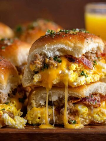 Breakfast sliders with scrambled eggs, sausage, crispy bacon, and melted cheddar cheese on buttery toasted buns topped with garlic butter and fresh parsley, with cheese stretching as one slider is pulled apart