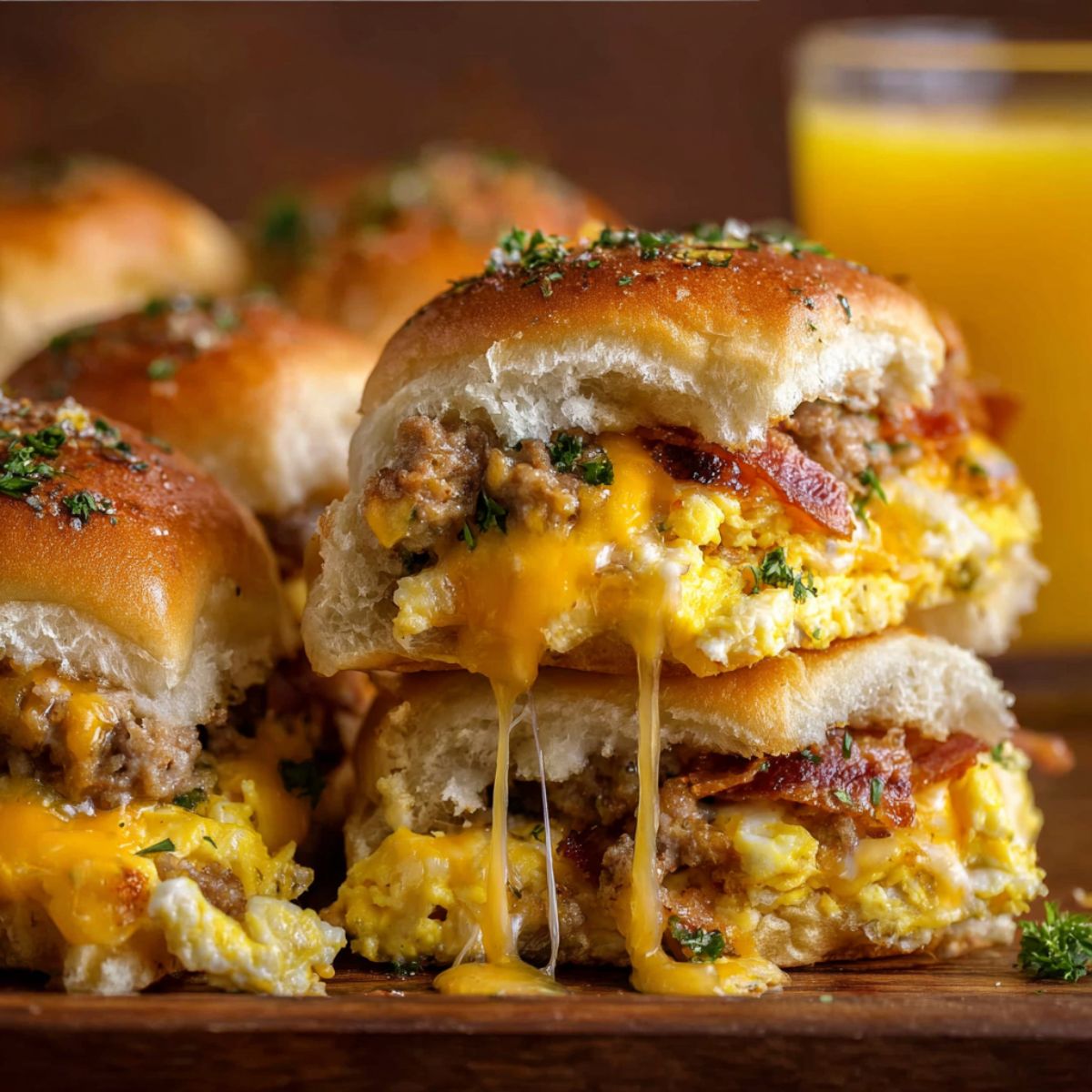 Breakfast sliders with scrambled eggs, sausage, crispy bacon, and melted cheddar cheese on buttery toasted buns topped with garlic butter and fresh parsley, with cheese stretching as one slider is pulled apart