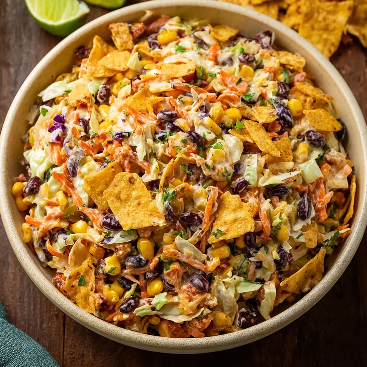 Easy Cowboy Cabbage Salad in a cream-colored bowl on a wooden table with lime wedges and extra tortilla chips nearby, showcasing shredded cabbage and carrots, sweet corn, black beans, crushed tortilla chips, and fresh cilantro tossed in creamy dressing