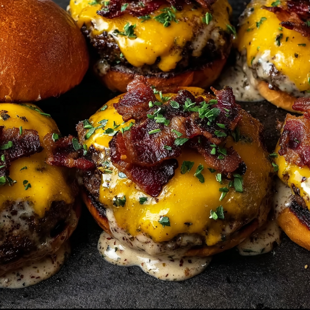 Easy crack burgers with grilled beef patties topped with melted cheddar cheese, crispy bacon pieces, and fresh parsley on toasted buns with creamy ranch dressing, arranged on a dark surface with multiple burgers visible