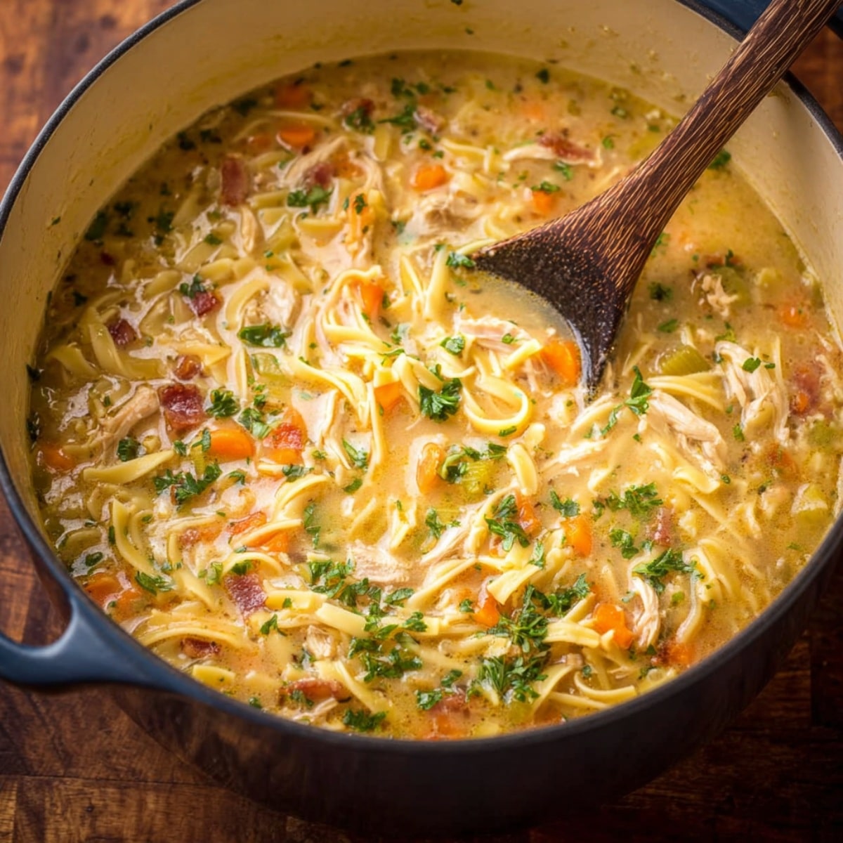 Easy crack chicken noodle soup simmering in a Dutch oven with tender shredded chicken, bacon, egg noodles, carrots, celery, and fresh herbs in a creamy golden broth.