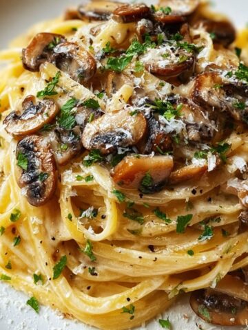 Creamy brown butter mushroom pasta with golden sautéed mushrooms, silky noodles, Parmesan cheese, and fresh herbs on a white plate