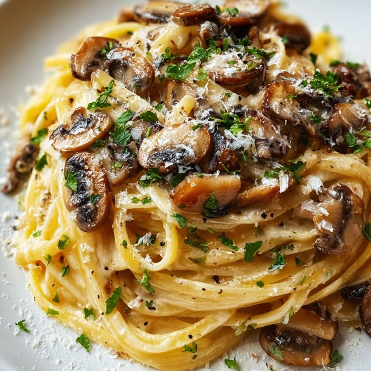 Creamy brown butter mushroom pasta with golden sautéed mushrooms, silky noodles, Parmesan cheese, and fresh herbs on a white plate