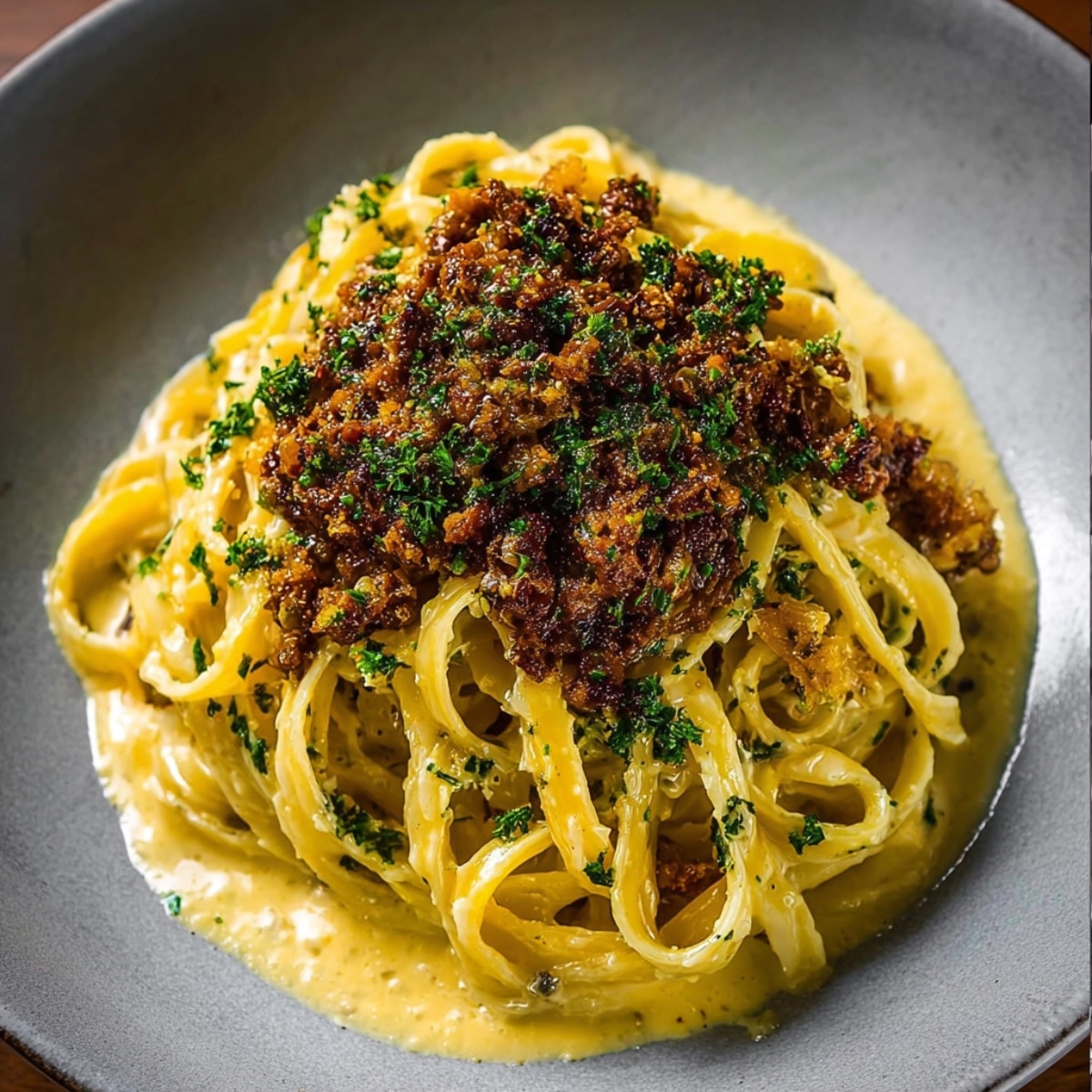 Creamy parmesan beef linguine with tender pasta strands coated in rich garlic butter sauce, topped with savory minced beef and fresh parsley in a shallow bowl.
