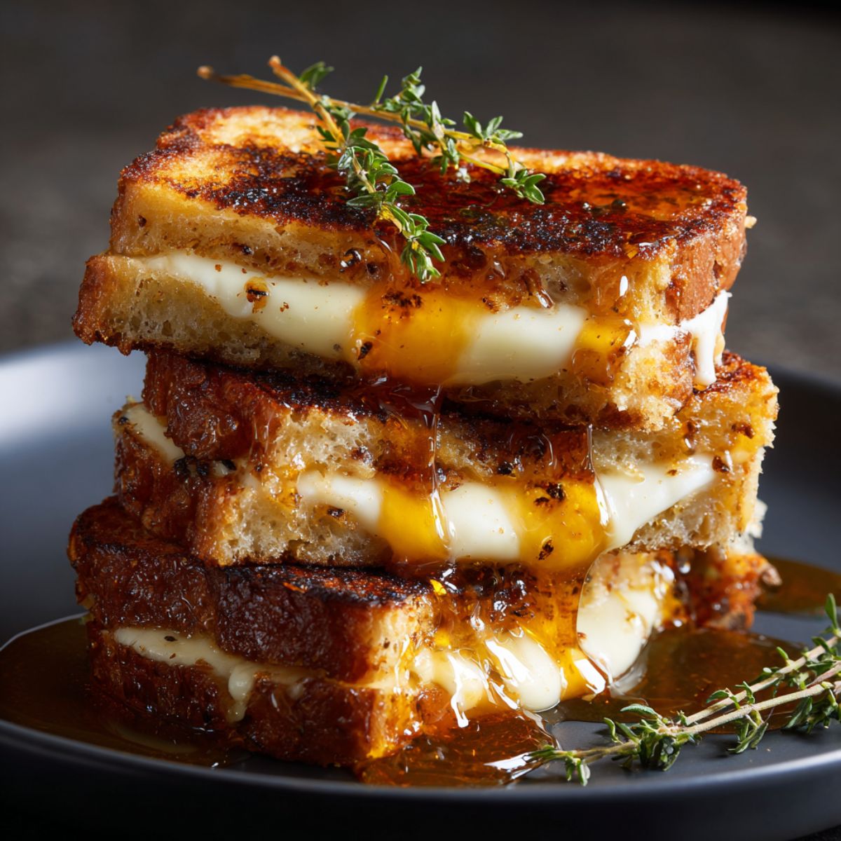 Stack of French toast with layers of melted mozzarella and cheddar cheese, drizzled with honey and garnished with fresh thyme sprigs