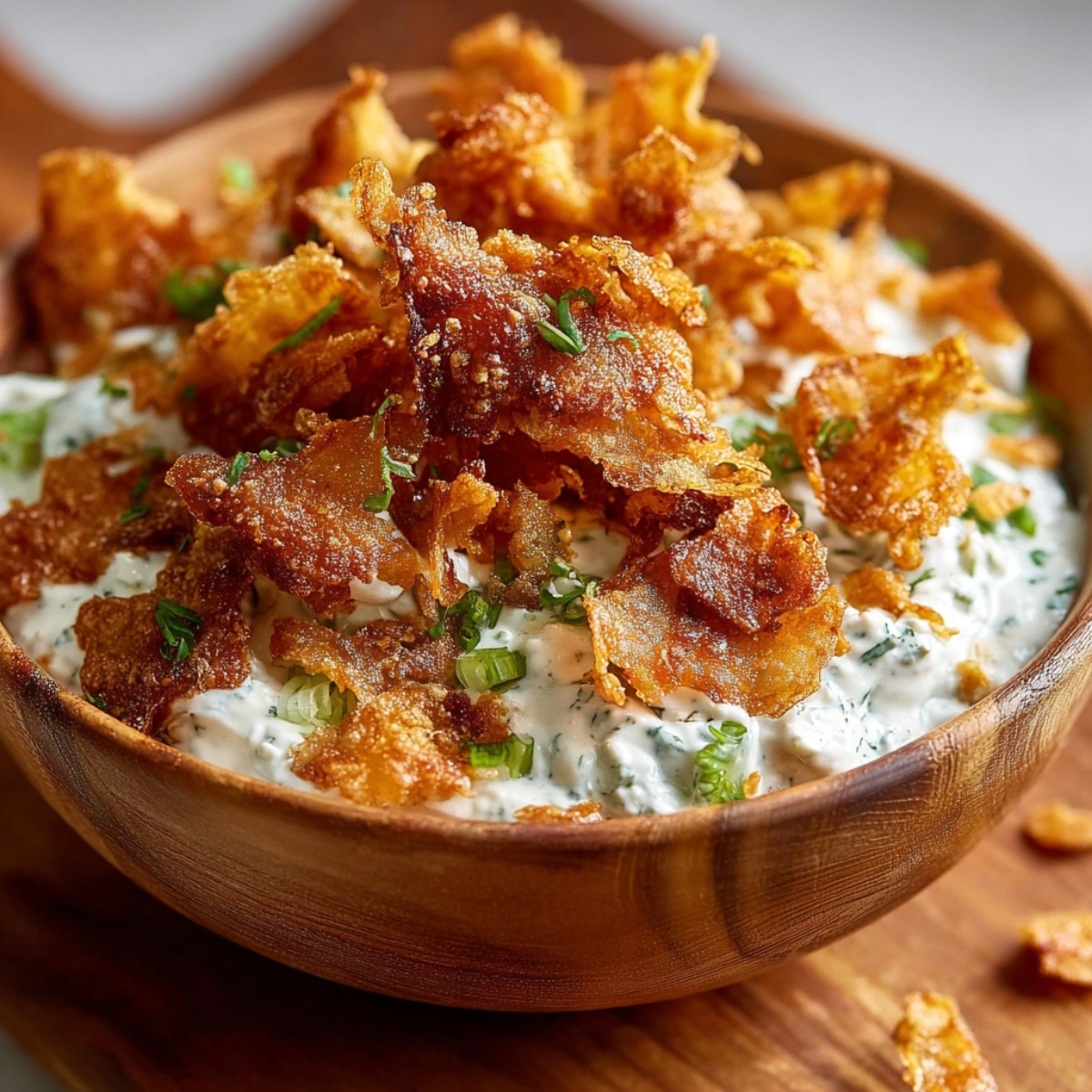 Easy crispy smashed potato salad in a wooden bowl with golden-brown crispy smashed potatoes piled on top of creamy herb dressing, garnished with crispy bacon pieces and fresh chopped chives