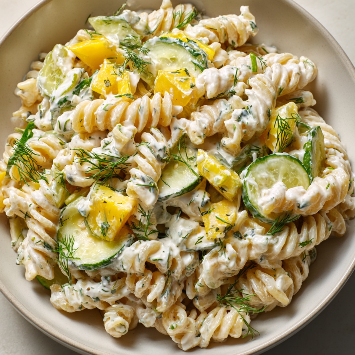 An overhead view of a bowl of pasta salad containing rotini noodles, sliced cucumbers, and cubed yellow cheese, all tossed in a creamy dressing and topped with chopped fresh dill.