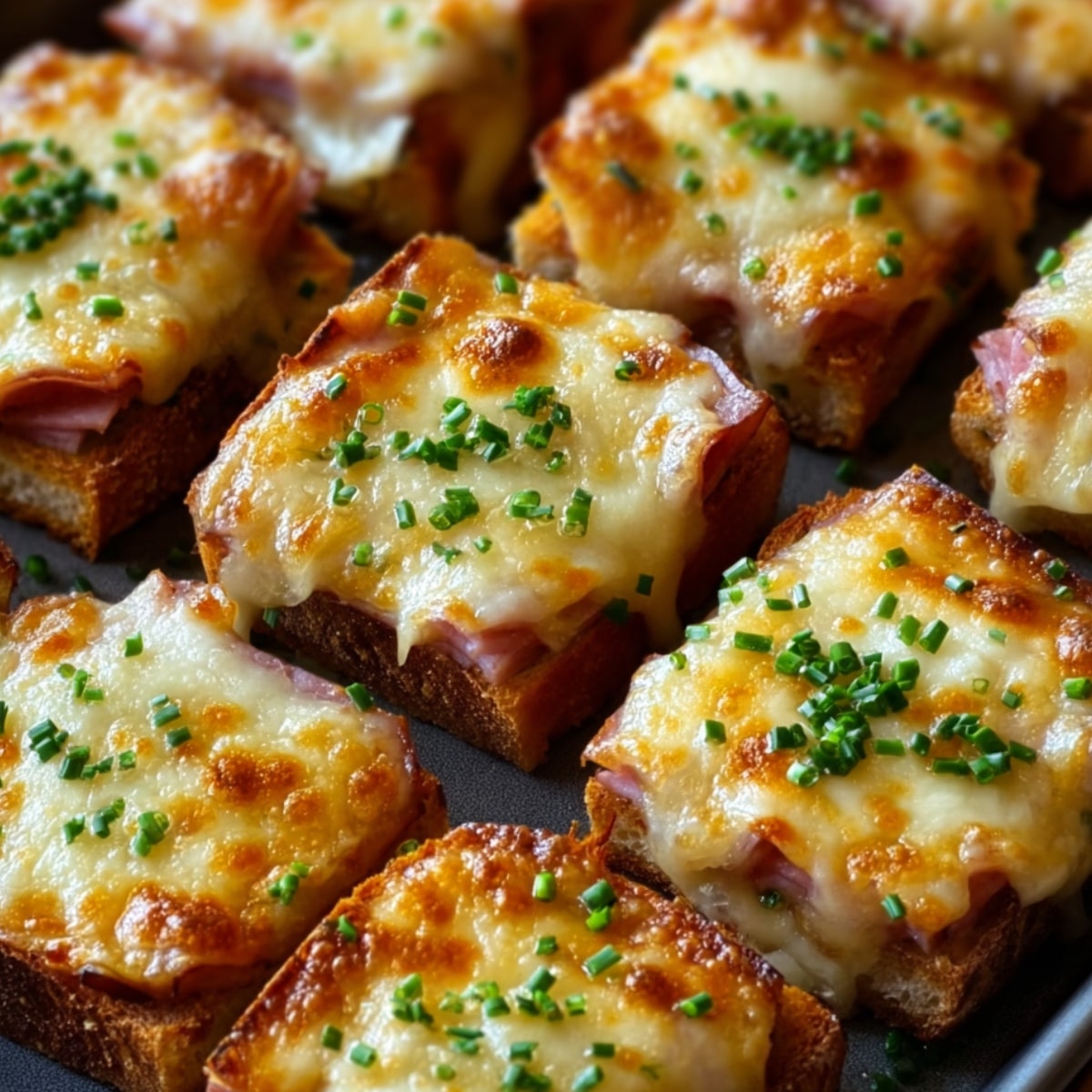 Eggs Benedict casserole squares with toasted bread, ham, and creamy sauce, topped with melted cheese and fresh chives, baked until golden and bubbly.