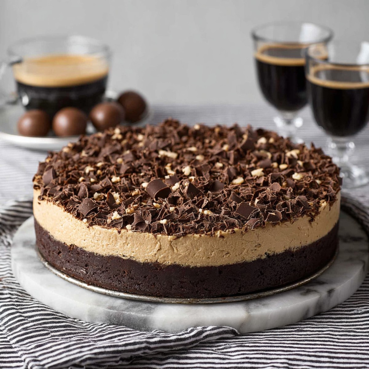 A whole espresso cheesecake on a silver cake stand with three layers: dark chocolate brownie base, smooth tan espresso cheesecake filling, and topped with chocolate shavings and curls, accompanied by cups of espresso and chocolate-covered espresso beans in the background.