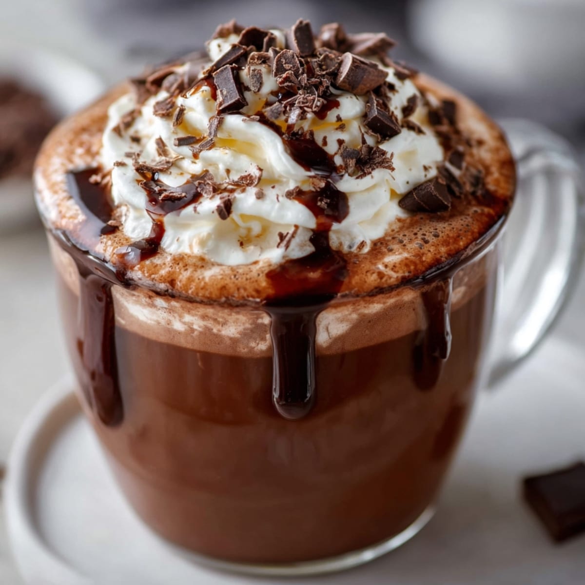 Easy French hot chocolate in a clear glass mug, topped with whipped cream, chocolate shavings, and rich melted chocolate dripping down the sides.