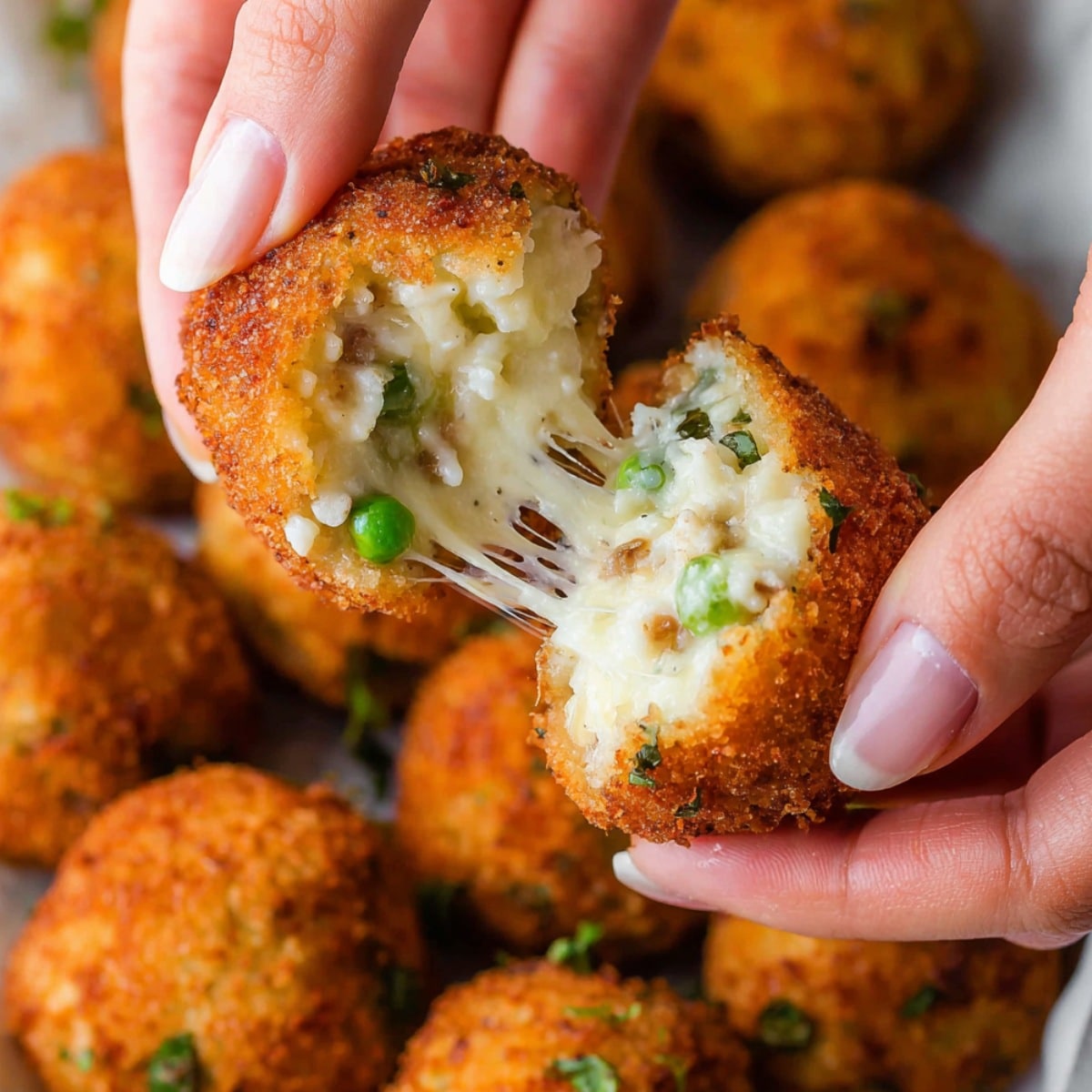 Hand pulling apart a crispy fried rice ball to reveal a gooey, melted cheese center with rice and peas stretching inside.