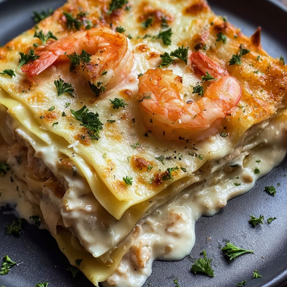 Easy garlic butter shrimp scampi lasagna with layers of tender lasagna noodles, creamy white sauce, melted cheese, and juicy shrimp, garnished with fresh parsley.