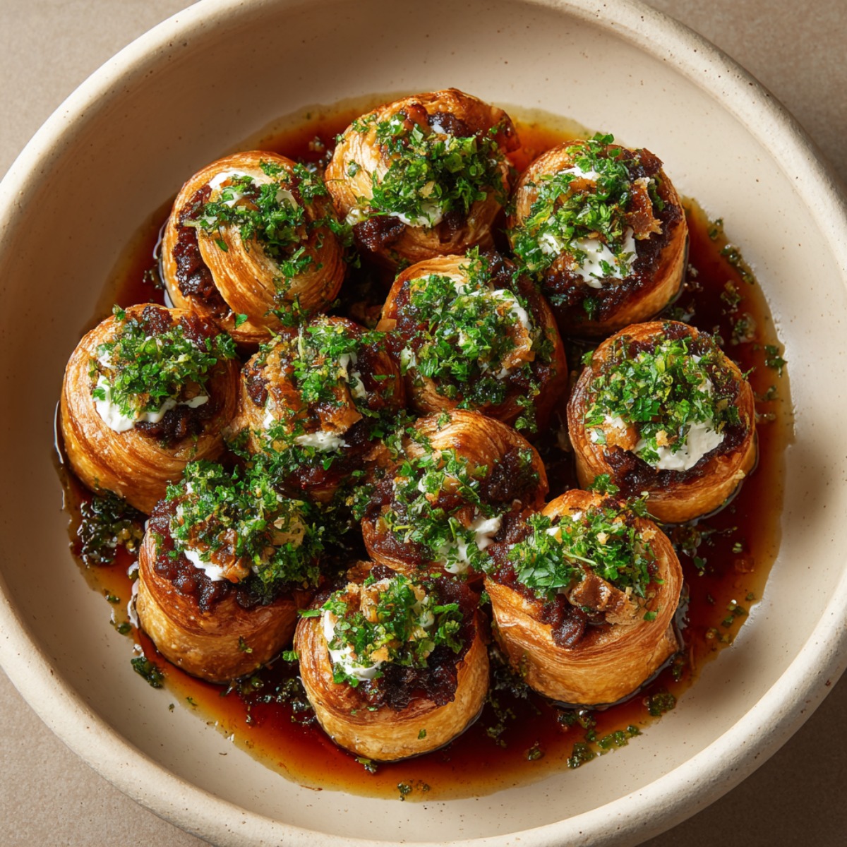 Golden-brown pastry-wrapped cheeseburger bombs arranged in a circle on a speckled ceramic plate, topped with melted cheese, fresh green herb garlic butter, and sitting in a pool of savory brown sauce.
