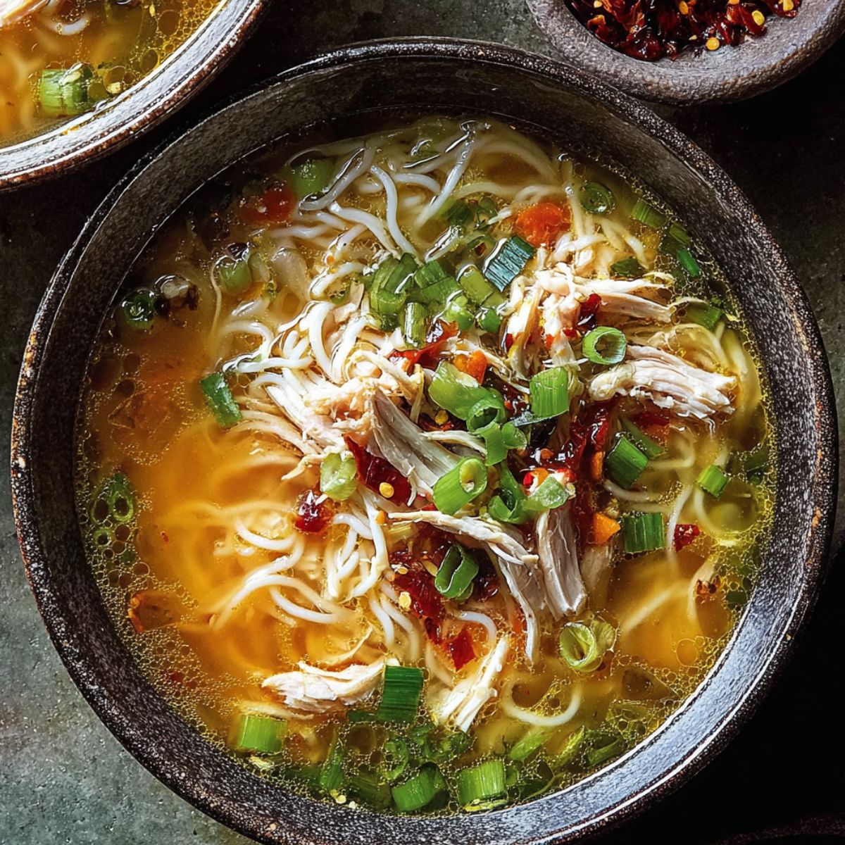 Ginger garlic chicken noodle soup with shredded chicken, soft noodles, green onions, and chili flakes in a rich, savory golden broth served in a dark bowl.