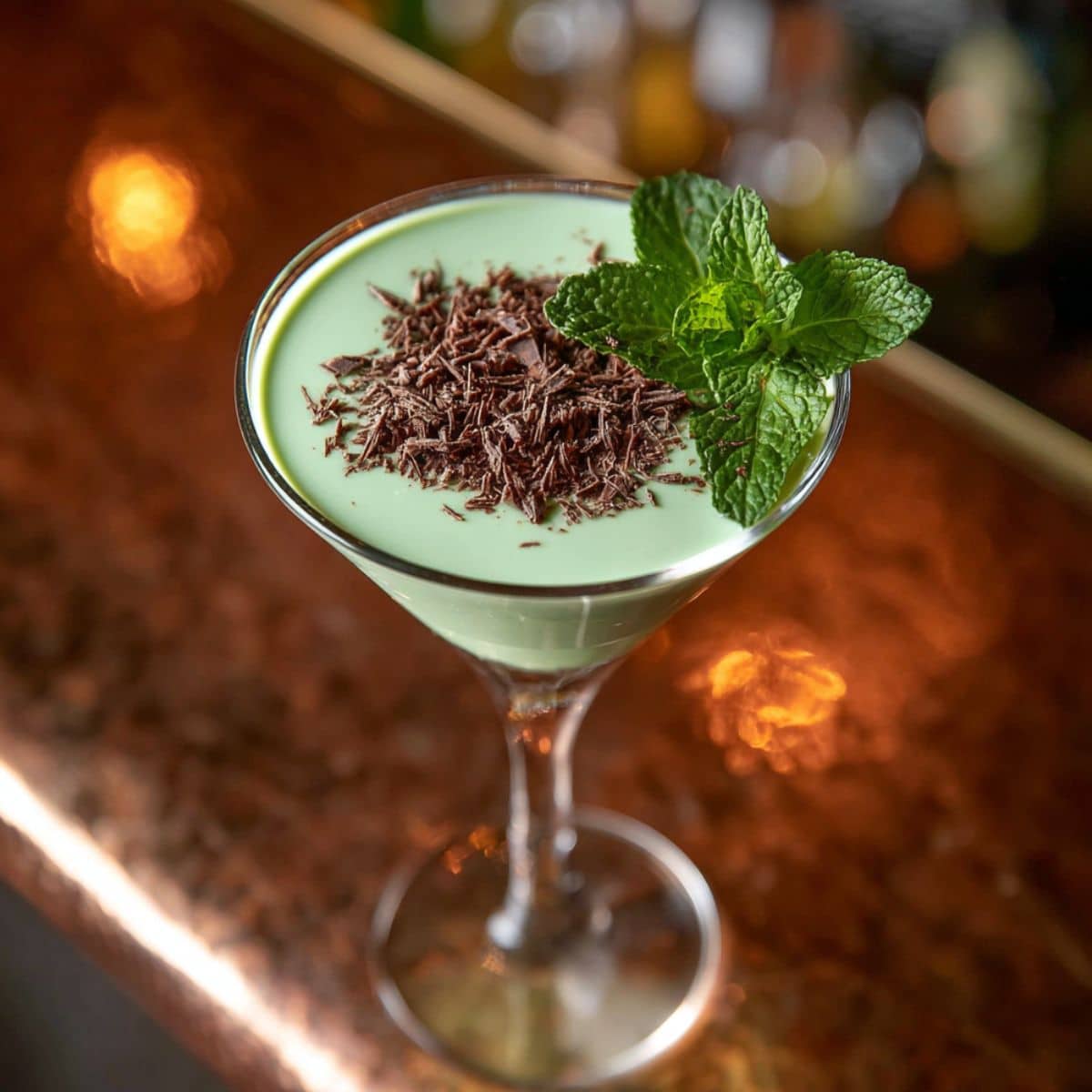 Classic grasshopper cocktail in a martini glass with a smooth mint-green cream base, topped with chocolate shavings and fresh mint, set on a copper bar with softly blurred background.