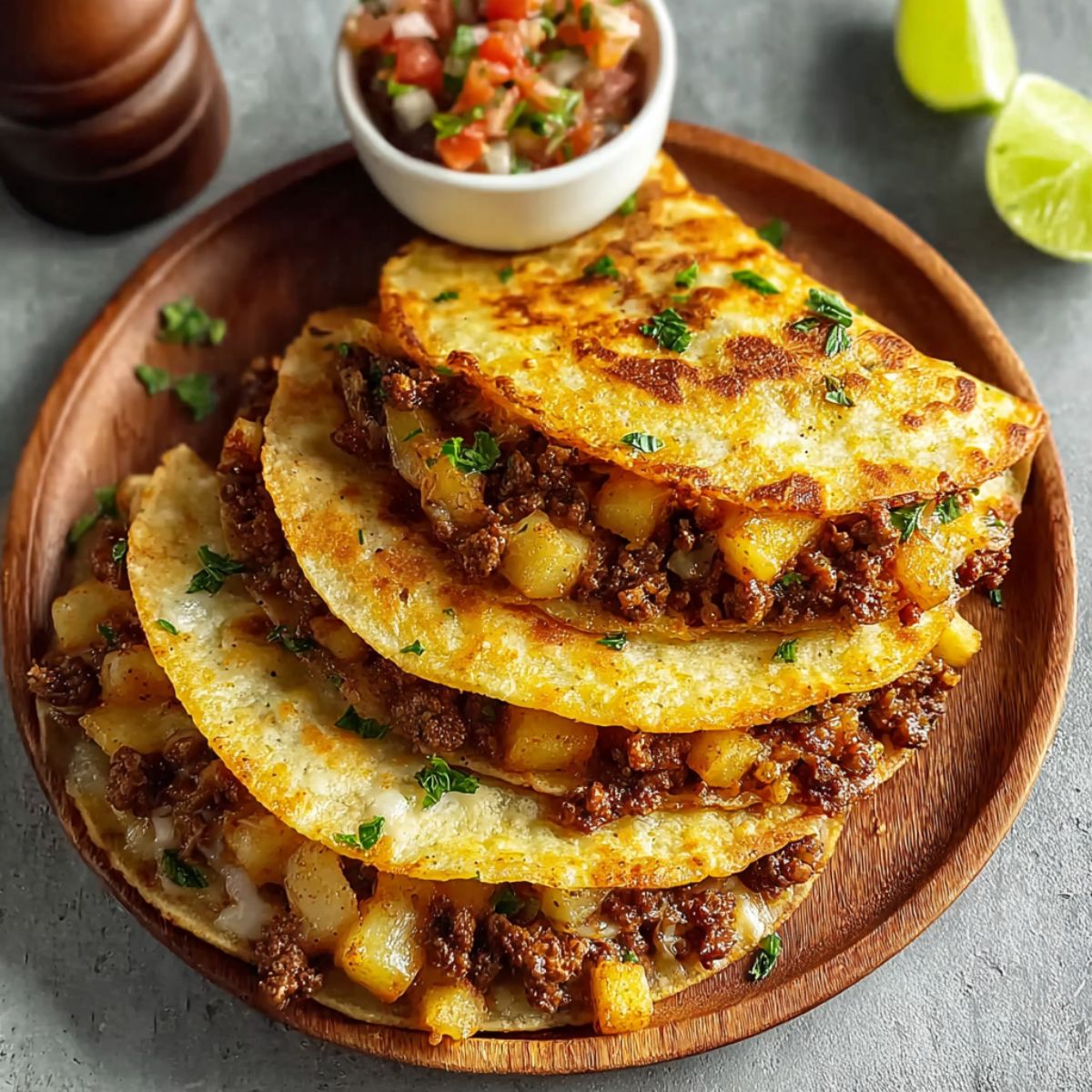 Stack of crispy ground beef and potato tacos with seasoned ground beef, diced potatoes, melted cheese, and fresh cilantro on golden corn tortillas, served on a wooden plate with pico de gallo and lime wedges