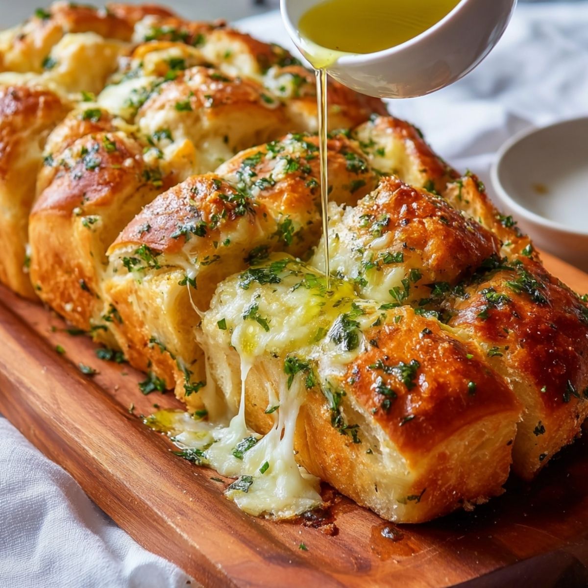 Easy Hawaiian roll garlic bread with melted mozzarella and herbs, featuring a gooey cheese pull as warm garlic butter is poured over the rolls