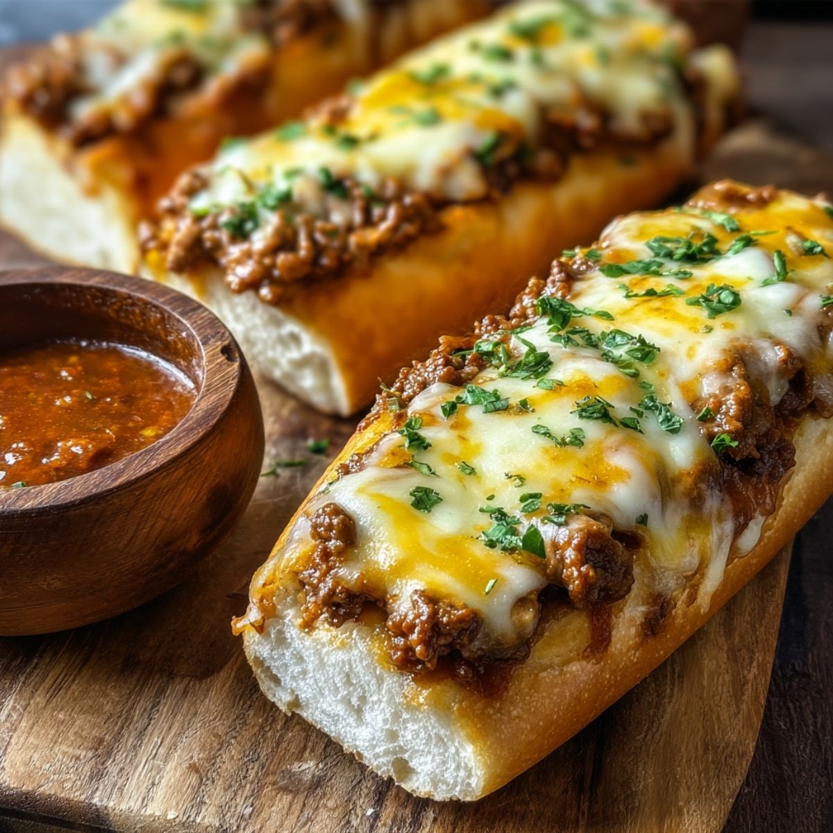 Easy Italian garlic bread sloppy joes with melty cheese and seasoned beef on toasted bread, served with rich dipping sauce