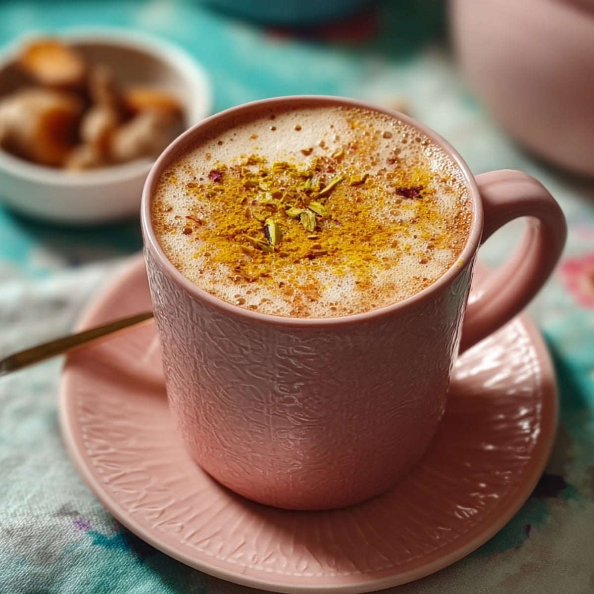 Easy Kashmiri chai with frothy pink tea topped with pistachios in a ceramic cup