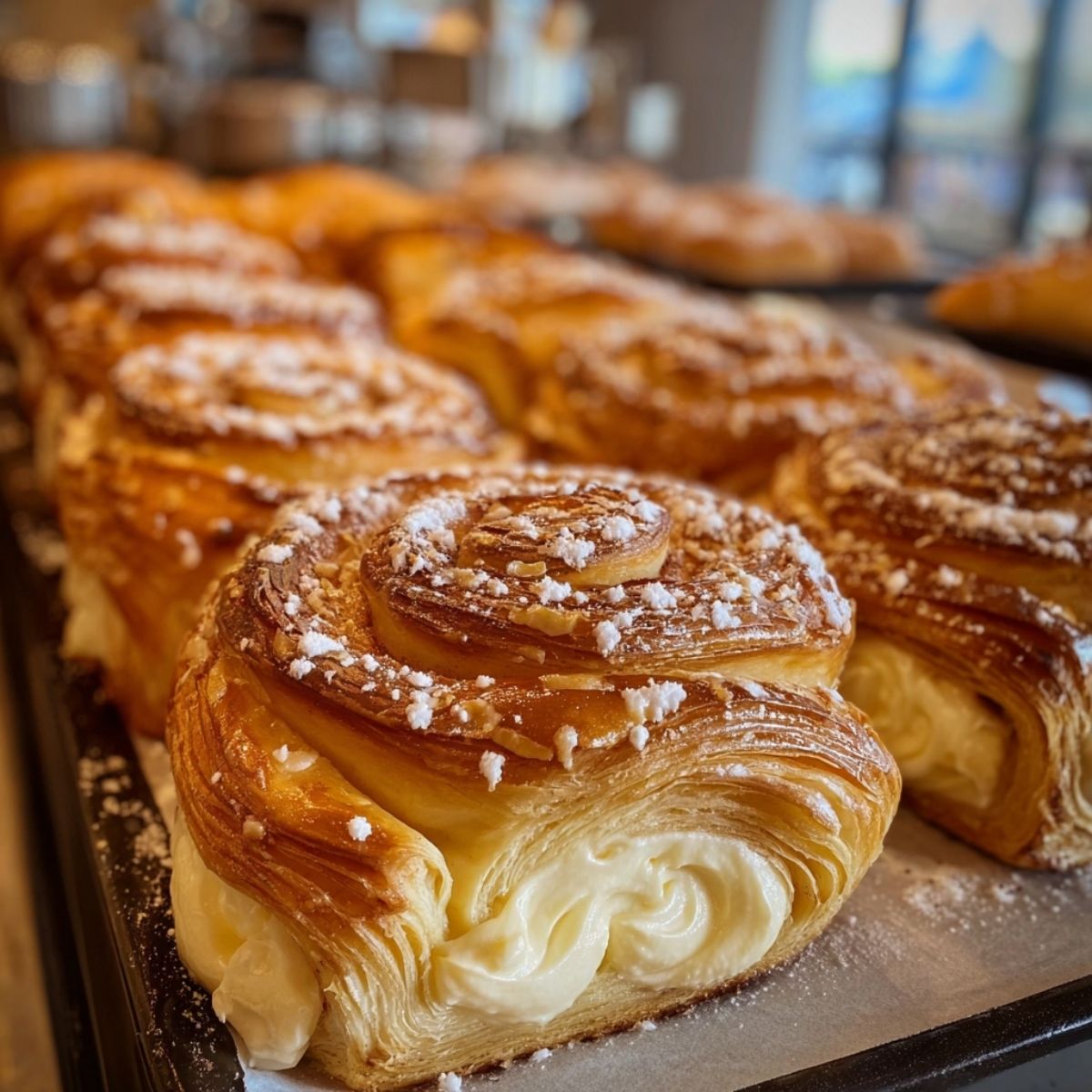Easy King’s Hawaiian cheesecake danish with flaky golden pastry, creamy cheesecake filling, and powdered sugar on top displayed on a bakery tray