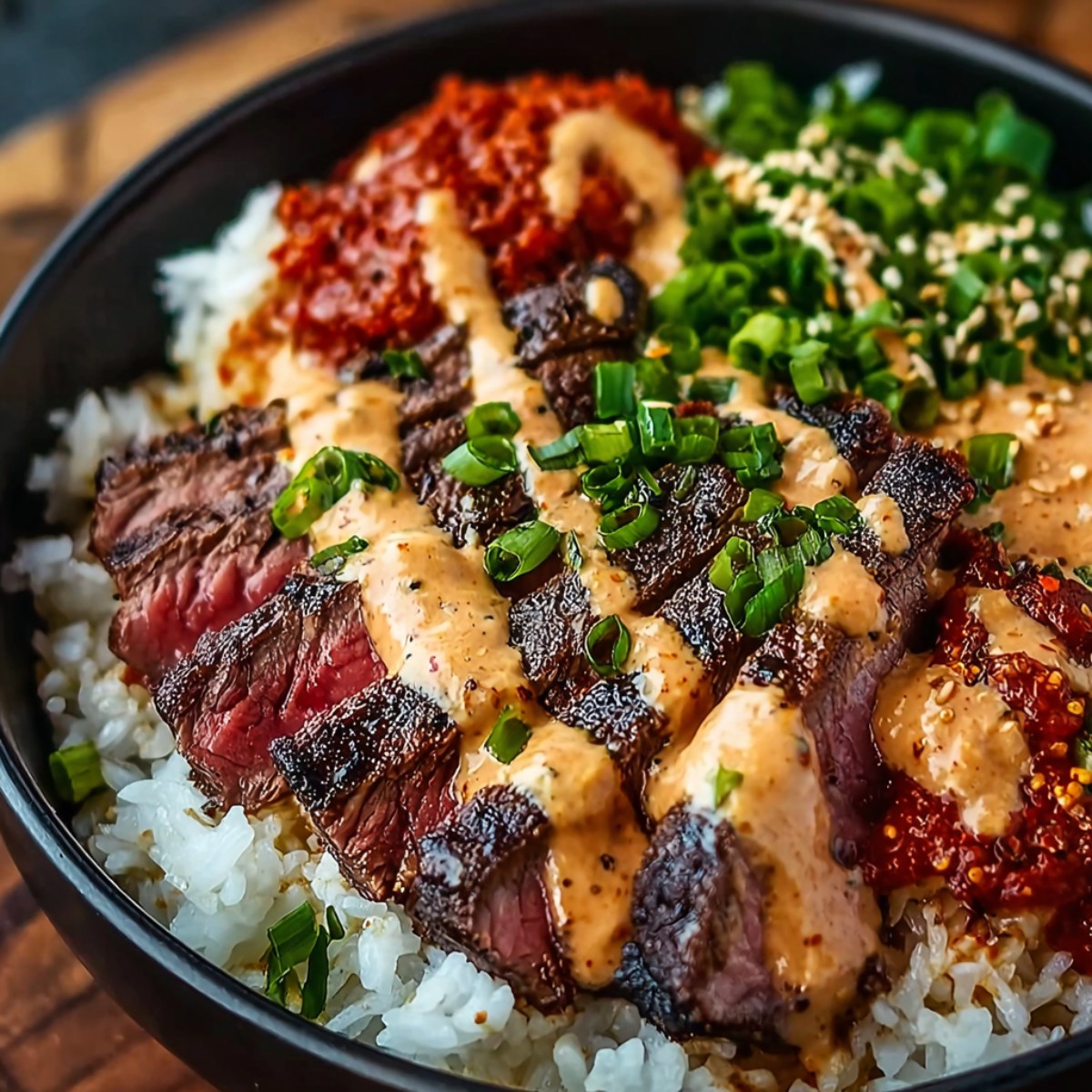 Korean BBQ steak rice bowl with sliced medium-rare grilled steak over white rice, drizzled with creamy yum yum sauce, topped with sliced green onions, sesame seeds, and gochujang (Korean red chili paste) on the side