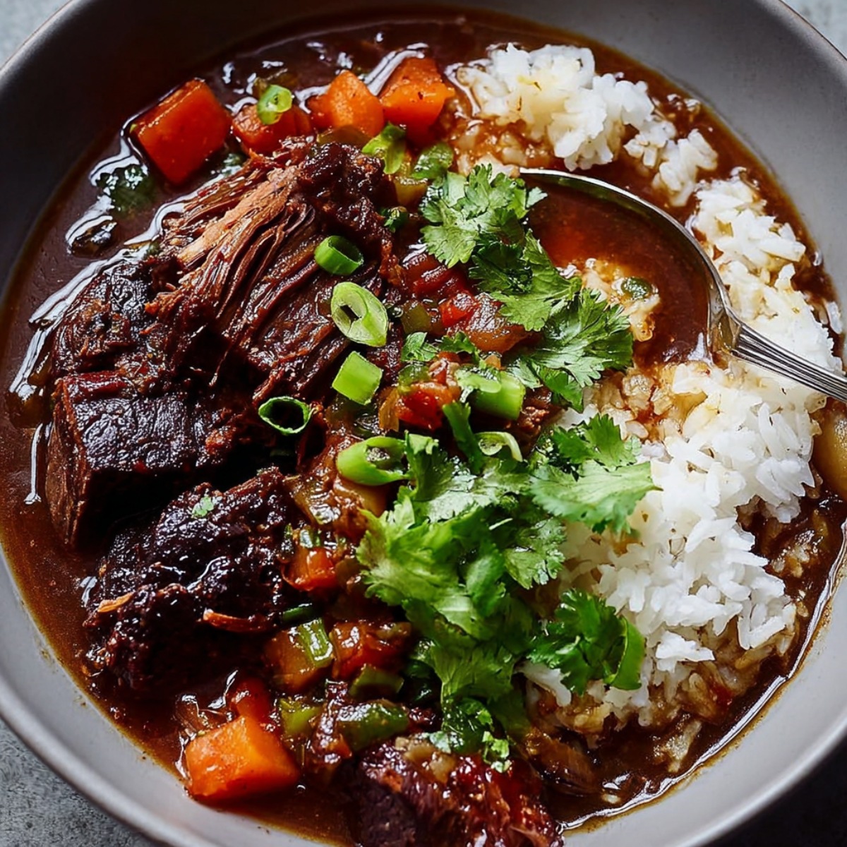 Easy Korean-style pot roast with fall-apart tender braised beef in savory soy-based sauce, served with carrots, onions, and steamed white rice, garnished with fresh cilantro and sliced green onions in a shallow bowl with a spoon
