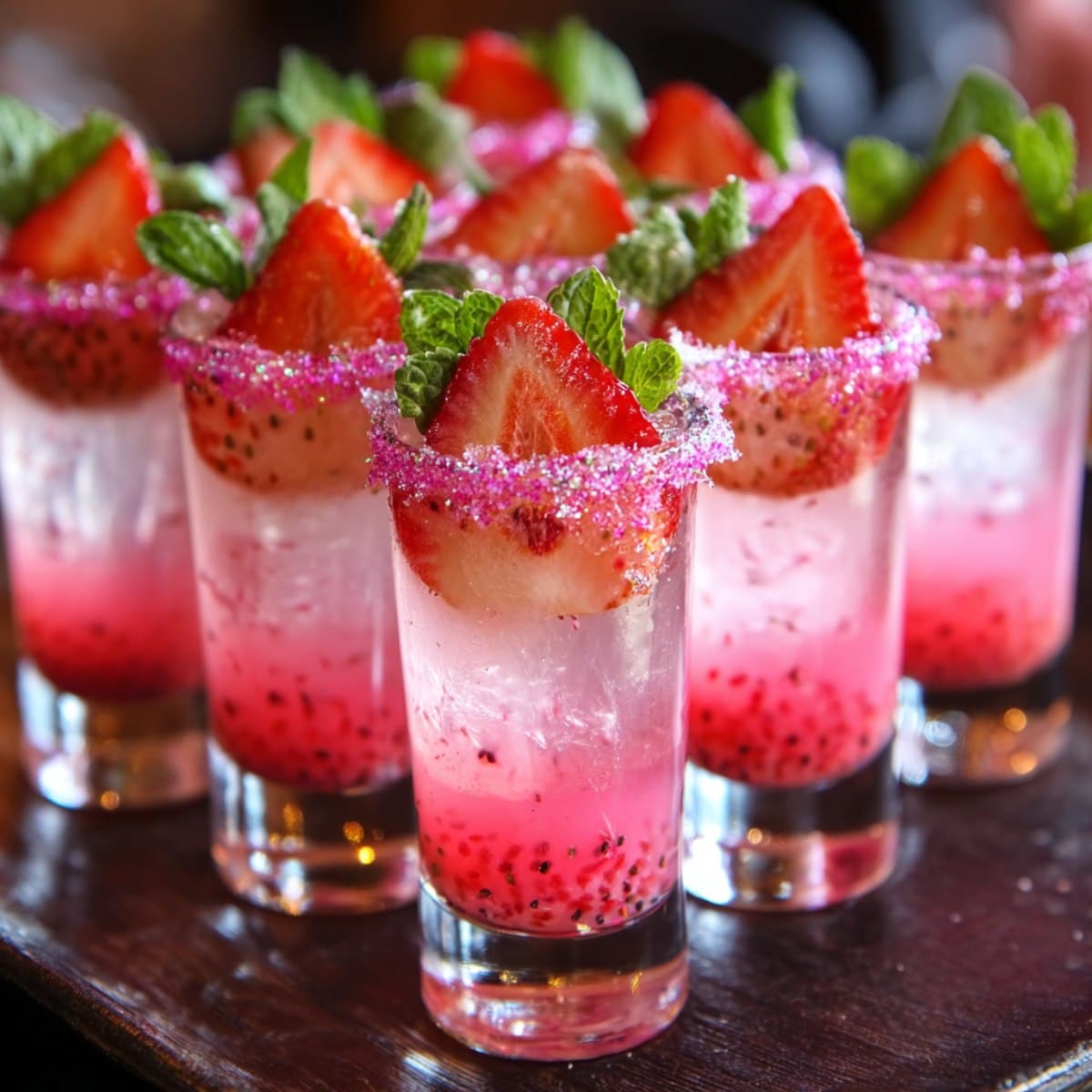 Easy Lipstick Jungle shots with strawberry puree, pink sugar rim, and fresh mint garnish