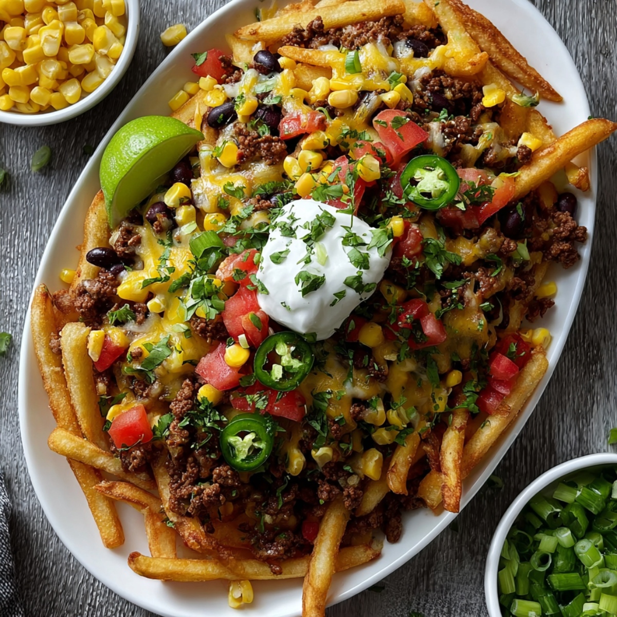 Easy Loaded Spicy Tex-Mex Nacho Fries served on a white oval plate with golden crispy fries topped with seasoned ground beef, melted cheese, black beans, sweet corn, diced tomatoes, jalapeño slices, sour cream, and fresh cilantro, accompanied by small bowls of corn, lime wedge, and sliced green onions