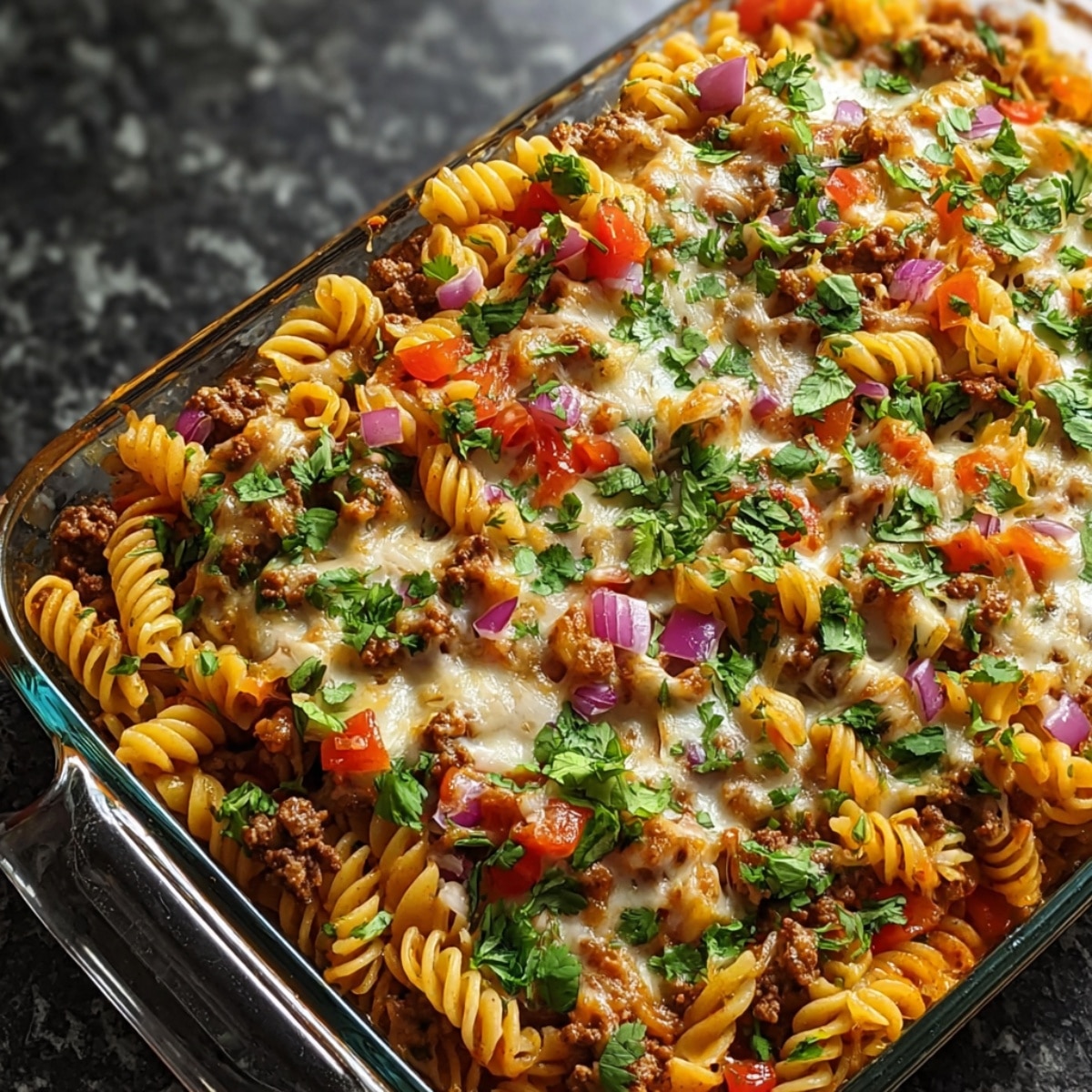 Loaded taco pasta bake with rotini pasta, seasoned ground beef, melted cheese, diced tomatoes, red onion, and fresh cilantro in a glass baking dish.