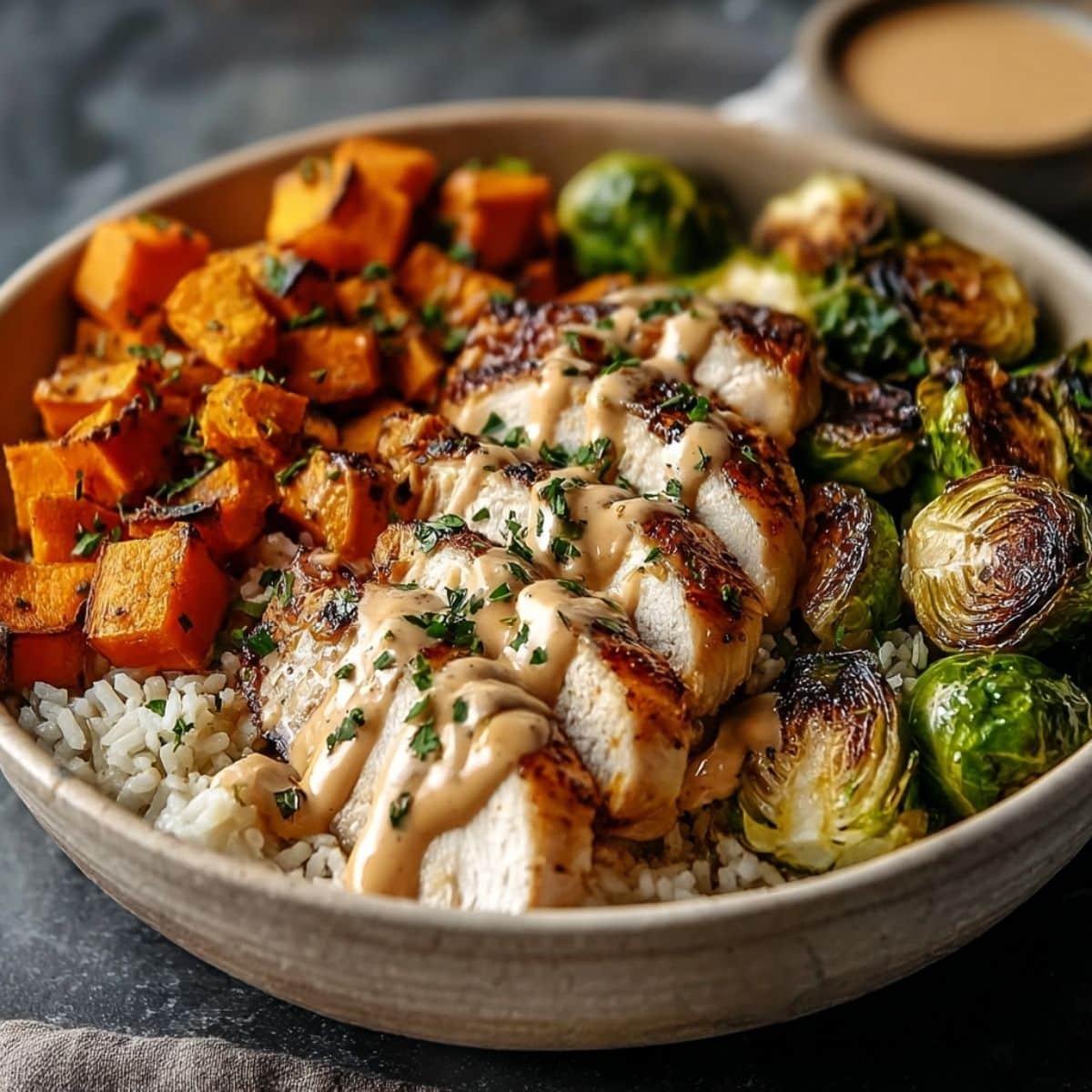 Maple Dijon chicken sweet potato bowl with sliced roasted chicken, rice, Brussels sprouts, and roasted sweet potatoes drizzled with creamy maple Dijon sauce