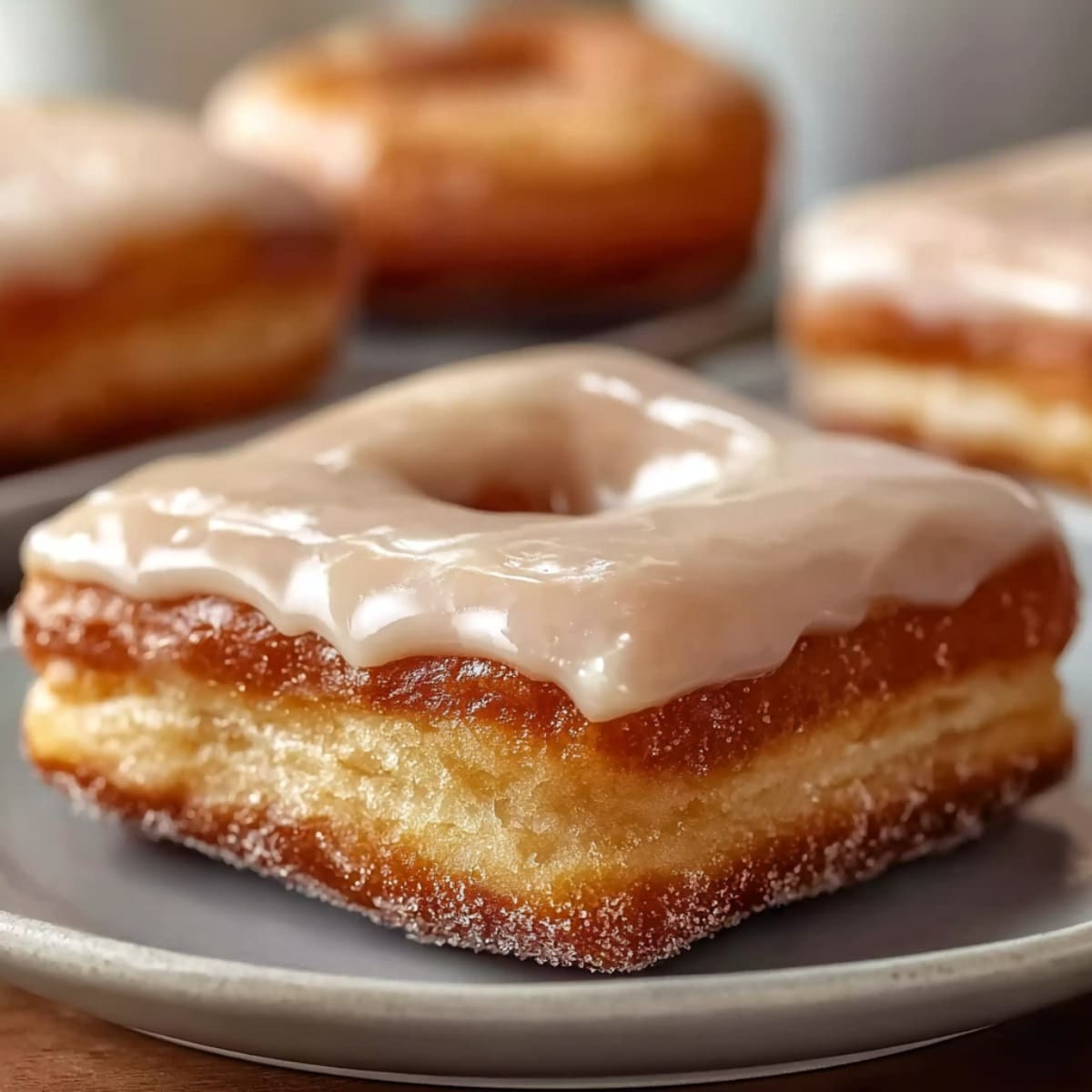 Glazed maple donut bar with a soft fluffy center, golden fried edges, and smooth maple icing on a plate